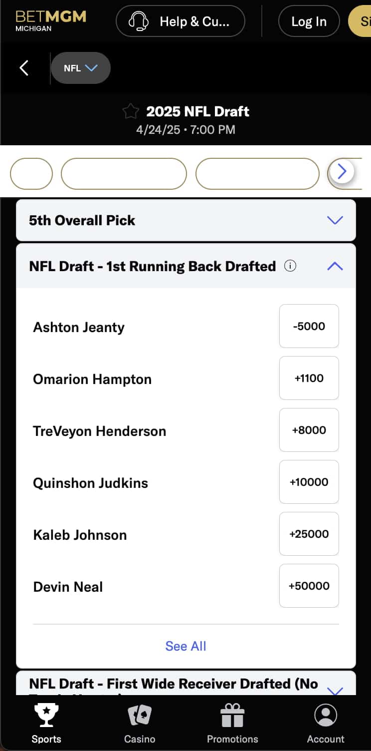 1st running back drafted NFL draft odds at BetMGM